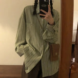Dermearne Harajuku Striped Shirts Women Vintage Oversized Long Sleeve Blouses Streetwear Korean Preppy Turn Down Collar Loose Casual Top