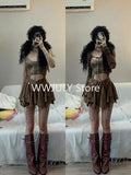 DERMEARNE Harajuku Vintage Fashion 3 Piece Set Woman Short Cardigan + Slim Vest + Y2k E-Girl High Waist Skirt Hot Girls Korean Style Suit
