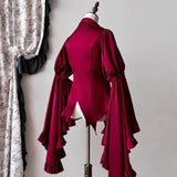 DERMEARNE Harajuku Vintage Lolita V-neck Blouses  Slim Fit Shirts Women Y2k Flare Sleeve Ruffles Black Blusas 2025 Autumn New Mujer