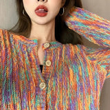 DERMEARNE Hdspq New Rainbow Color Cardigan with Buttons 2024 Autumn Winter Korean Fashion Long Sleeve Knit Cardigan Women Loose Sweaters