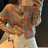 DERMEARNE Hdspq New Rainbow Color Cardigan with Buttons 2024 Autumn Winter Korean Fashion Long Sleeve Knit Cardigan Women Loose Sweaters