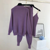 3 piece set women knitted set Zipper cardigan jacket+pencil pant+camisole matching sets Purple black khaki outfits for women