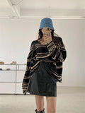 Women Punk Gothic Striped Long Sleeve Loose Patchwork Sweater Hip Hop Retro Oversize Pullover Casual Knitted Jumpers