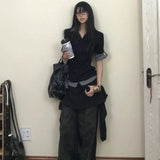 DERMEARNE High End Luxury French Fake Two Piece Pullover Harajuku Punk Spliced Color Design Women Shirts Slim Fit Y2k Aesthetic Tops