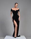 DERMEARNE High Quality Black Velvet Off Shoulder Women Party Dress Sexy Slash Neck Short Sleeve Maxi Long Runway Cocktail Formal Dress