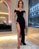DERMEARNE High Quality Black Velvet Off Shoulder Women Party Dress Sexy Slash Neck Short Sleeve Maxi Long Runway Cocktail Formal Dress