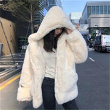 DERMEARNE High Quality Quilted Thick Furry Coat Female Autumn And Winter Lamb Plush Imitation Mink Rex Rabbit Fur Coat Women Hooded Jacket