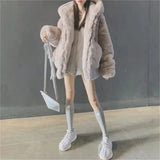 DERMEARNE High Quality Quilted Thick Furry Coat Female Autumn And Winter Lamb Plush Imitation Mink Rex Rabbit Fur Coat Women Hooded Jacket