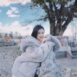 DERMEARNE High Quality Quilted Thick Furry Coat Female Autumn And Winter Lamb Plush Imitation Mink Rex Rabbit Fur Coat Women Hooded Jacket