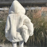 DERMEARNE High Quality Quilted Thick Furry Coat Female Autumn And Winter Lamb Plush Imitation Mink Rex Rabbit Fur Coat Women Hooded Jacket