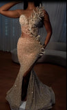 DERMEARNE High Split Sparkly Sequined Mermaid Evening Dresses Beading Pearls Fish Bone Long Formal Party Prom Gowns Vestido De Fiesta