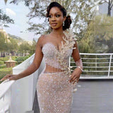 DERMEARNE High Split Sparkly Sequined Mermaid Evening Dresses Beading Pearls Fish Bone Long Formal Party Prom Gowns Vestido De Fiesta