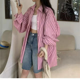 DERMEARNE High Street Striped Loose Cardigan Spring Summer New Polo Neck Long Sleeve Trend Youth Shirt Tops Casual Fashion Women Clothing