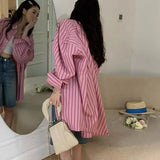DERMEARNE High Street Striped Loose Cardigan Spring Summer New Polo Neck Long Sleeve Trend Youth Shirt Tops Casual Fashion Women Clothing