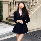 DERMEARNE High-end Retro Knit Cardigan Sweater Women Mini Dress Designs V-neck Streetwear Trend Y2k Harajuku Dresses Long Sleeve Autumn