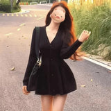 DERMEARNE High-end Retro Knit Cardigan Sweater Women Mini Dress Designs V-neck Streetwear Trend Y2k Harajuku Dresses Long Sleeve Autumn
