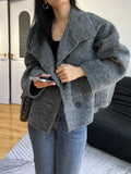 DERMEARNE High-end Women Double-sided Wool Cashmere Rabbit Coat Short Women Loose Stand Collar Single Breasted Long Fur Coat Autumn Winter