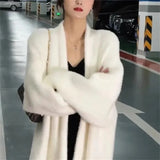 DERMEARNE High-quality Soft Style Knitted Sweater Jacket Women Autumn Winter Retro Long Blue Pink Faux Mink Wool Sweater Cardigan Jacket