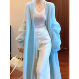 DERMEARNE High-quality Soft Style Knitted Sweater Jacket Women Autumn Winter Retro Long Blue Pink Faux Mink Wool Sweater Cardigan Jacket