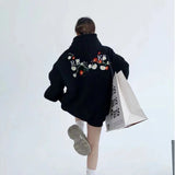 DERMEARNE Hikigawa Chic Fashion Floral Embroidery Hoodies Women Coats Autumn Casual Loose All Match Hooded Pullover Outerwear Tops Mujer