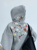 DERMEARNE Hikigawa Chic Fashion Floral Embroidery Hoodies Women Coats Autumn Casual Loose All Match Hooded Pullover Outerwear Tops Mujer