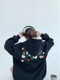 DERMEARNE Hikigawa Chic Fashion Floral Embroidery Hoodies Women Coats Autumn Casual Loose All Match Hooded Pullover Outerwear Tops Mujer
