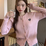 DERMEARNE Hikigawa Chic Korean Fashion Twist Long Sleeve Knitted Cardigans Women Heart Embroidery Sweet Sweater Coats Tops Ropa Mujer