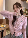 DERMEARNE Hikigawa Chic Korean Fashion Twist Long Sleeve Knitted Cardigans Women Heart Embroidery Sweet Sweater Coats Tops Ropa Mujer