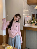 DERMEARNE Hikigawa Chic Korean Fashion Twist Long Sleeve Knitted Cardigans Women Heart Embroidery Sweet Sweater Coats Tops Ropa Mujer
