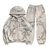 DERMEARNE Hip Hop Rhinestone Print Hoodies Pants Suit Men Women Streetwear Fashion Y2k Zipper Hoodie Jacket Gothic Autumn Loose Sweatshirt