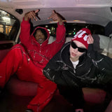 DERMEARNE Hip Hop Rhinestone Print Hoodies Pants Suit Men Women Streetwear Fashion Y2k Zipper Hoodie Jacket Gothic Autumn Loose Sweatshirt