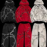DERMEARNE Hip Hop Rhinestone Print Hoodies Pants Suit Men Women Streetwear Fashion Y2k Zipper Hoodie Jacket Gothic Autumn Loose Sweatshirt