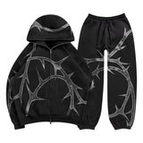 DERMEARNE Hip Hop Rhinestone Print Hoodies Pants Suit Men Women Streetwear Fashion Y2k Zipper Hoodie Jacket Gothic Autumn Loose Sweatshirt