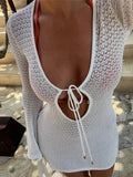 DERMEARNE Holiday Hollow Out Mini Dress Women Knit Lace up Long Flare Sleeve Beach Dresses 2025 Fashion Lady Vacation Solid Vestidos