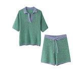 DERMEARNE Holiday Retro Shorts Suit Summer New Women V Neck Knitted Tops Casual Lace Up Shorts Korean Fashion 2 Piece Sets Womens Outfits