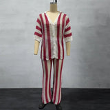 DERMEARNE Hollow Knit Clothes Stylish Women's Knitted Shirt Pants Set with Hollow Out V Neck Single-breasted Blouse High Waist for Summer