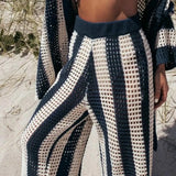 DERMEARNE Hollow Knit Clothes Stylish Women's Knitted Shirt Pants Set with Hollow Out V Neck Single-breasted Blouse High Waist for Summer