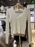 DERMEARNE Hollow Out Knit Long Sleeve T-shirt Cardigan Summer Casual V-neck Single Breasted Casual Smock Solid Simple Sweet Tee Tops Y2k