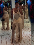 DERMEARNE Hollow Out See-through Long Dress Women Holiday Tassels High Waist Sleeveless Strap Dresses Female Backless Evening Club  Robe
