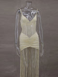 DERMEARNE Hollow Out See-through Long Dress Women Holiday Tassels High Waist Sleeveless Strap Dresses Female Backless Evening Club  Robe