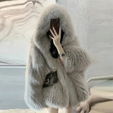 DERMEARNE Hooded Fur Coat for Women, Plush Jacket, Winter Jacket, New, 2025