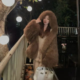 DERMEARNE Hooded Fur Coat for Women, Plush Jacket, Winter Jacket, New, 2025