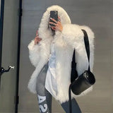 DERMEARNE Hooded Fur Coat for Women, Plush Jacket, Winter Jacket, New, 2025
