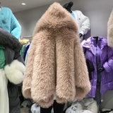 DERMEARNE Hooded Fur Coat for Women, Plush Jacket, Winter Jacket, New, 2025