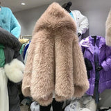 DERMEARNE Hooded Fur Coat for Women, Plush Jacket, Winter Jacket, New, 2025