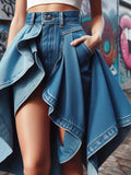 DERMEARNE Irregular Denim Skirt 2025 Summer Personality High Waist Loose Streetwear Mid Length Midi Skirts Y2k Layered Hem Clothes