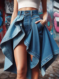 DERMEARNE Irregular Denim Skirt 2025 Summer Personality High Waist Loose Streetwear Mid Length Midi Skirts Y2k Layered Hem Clothes