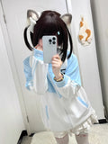 DERMEARNE Japanese Kawaii Cartoon Print Zipper Hoodies Women Contrast Color Patchwork Grunge Coats Y2k Aesthetic Pocket Sweatshirts Casual