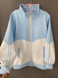 DERMEARNE Japanese Kawaii Cartoon Print Zipper Hoodies Women Contrast Color Patchwork Grunge Coats Y2k Aesthetic Pocket Sweatshirts Casual