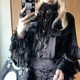 DERMEARNE Japanese Kawaii Girl Sweet Cute Lolita Lantern Sleeve Shirt Summer Y2k Aesthetic Lace Patchwork Blouse Top Women JK Loose Blusas